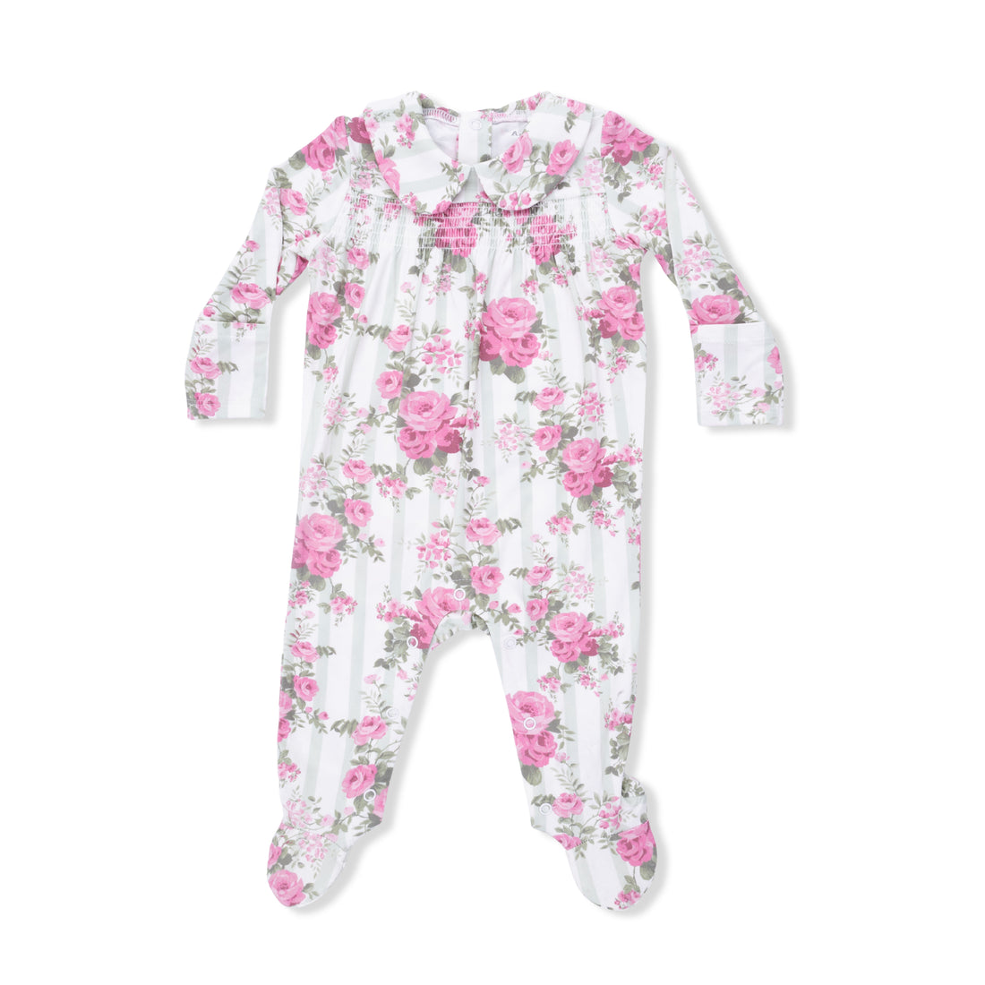 Smocked Peter Pan Snap Footie - Cabbage Rose Stripe
