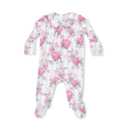 Smocked Peter Pan Snap Footie - Cabbage Rose Stripe
