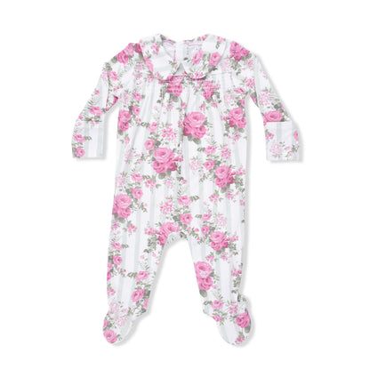 Smocked Peter Pan Snap Footie - Cabbage Rose Stripe