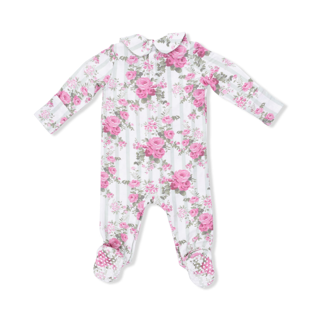 Smocked Peter Pan Snap Footie - Cabbage Rose Stripe