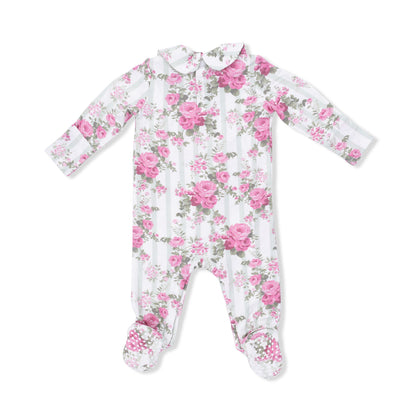 Smocked Peter Pan Snap Footie - Cabbage Rose Stripe