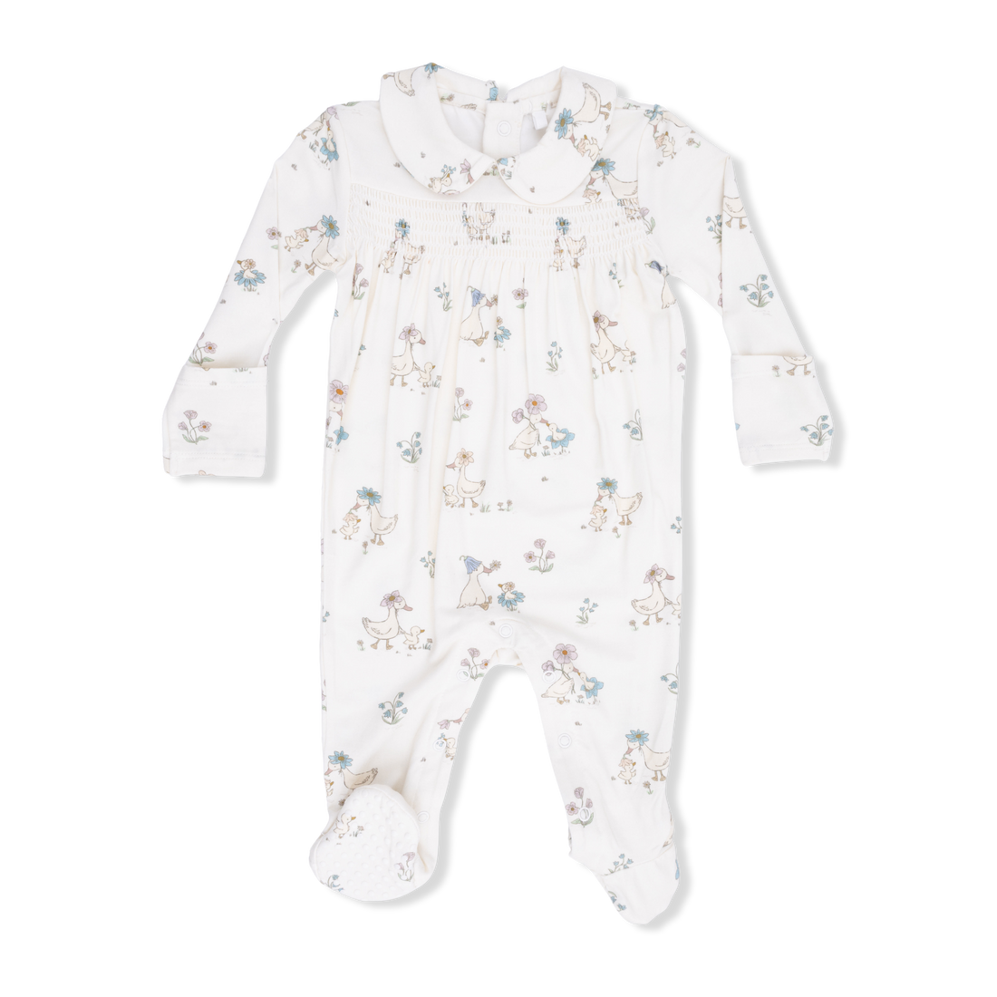Smocked Peter Pan Snap Footie - Flower Ducklings