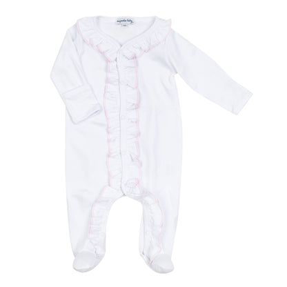 Essentials White Ruffle Footie with Pink Trim
