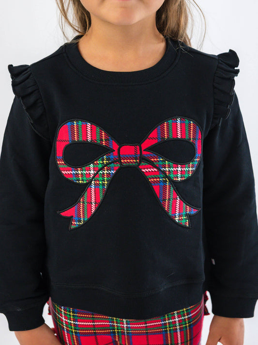 Girls Nicholas Plaid Bow Black Applique Flutter Sweatshirt