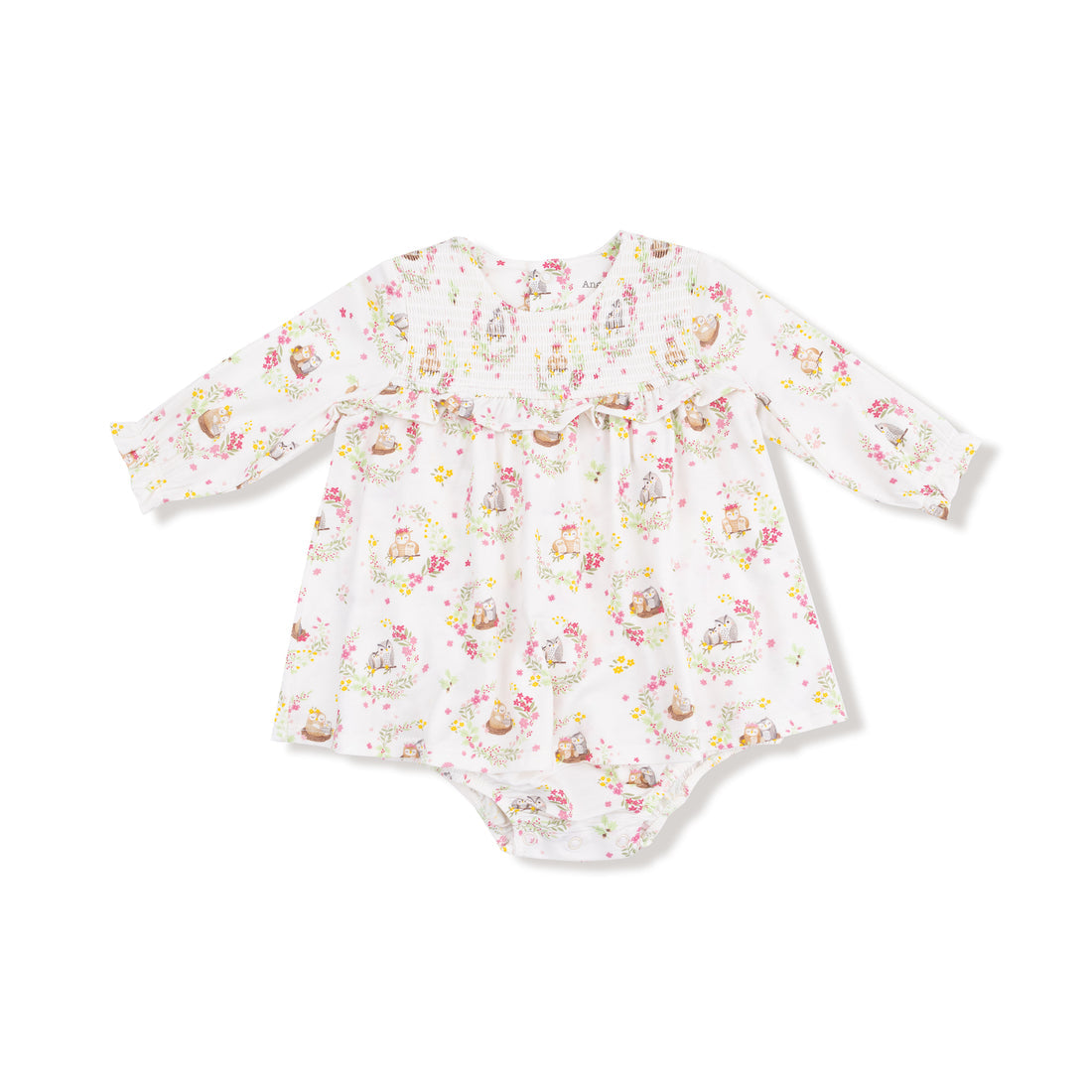 Long Sleeve Smocked Bodysuit Dress - Floral Owl Families