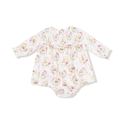 Long Sleeve Smocked Bodysuit Dress - Floral Owl Families