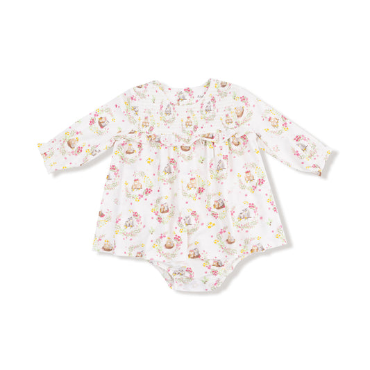 Long Sleeve Smocked Bodysuit Dress - Floral Owl Families