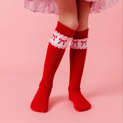 Red & Pink Bow Scalloped Knee High Socks