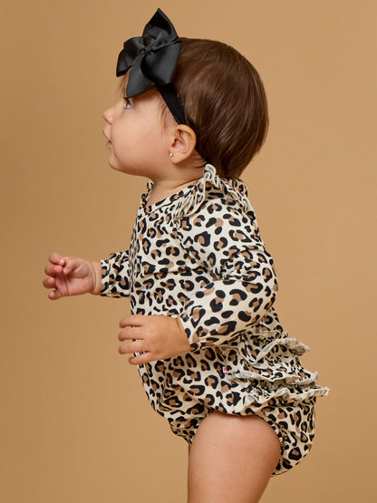 Baby Girls Classic Leopard Knit Long Sleeve Flutter Bubble Romper