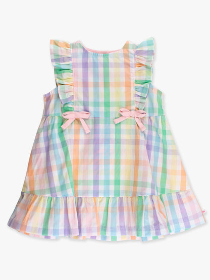 Girls Poppy Rainbow Plaid Pinafore Bow Dress