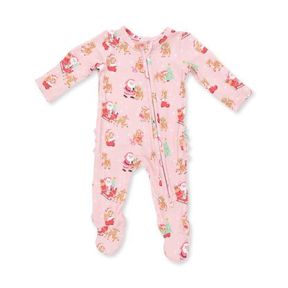 Vintage Reindeer & Santa Pink - Ruffle Zipper Footie