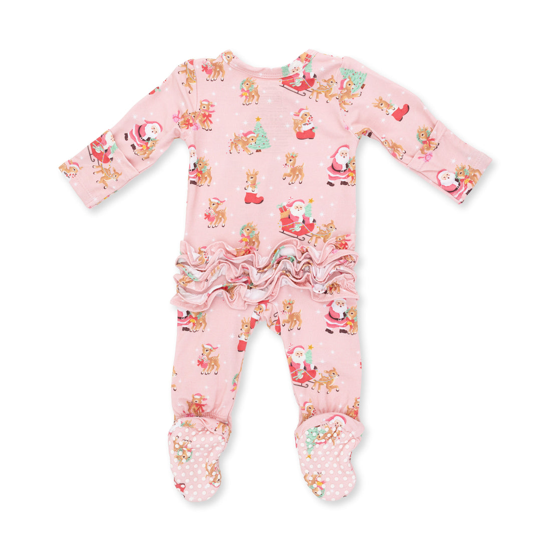Vintage Reindeer & Santa Pink - Ruffle Zipper Footie