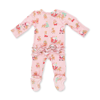 Vintage Reindeer & Santa Pink - Ruffle Zipper Footie