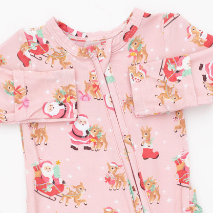 Vintage Reindeer & Santa Pink - Ruffle Zipper Footie