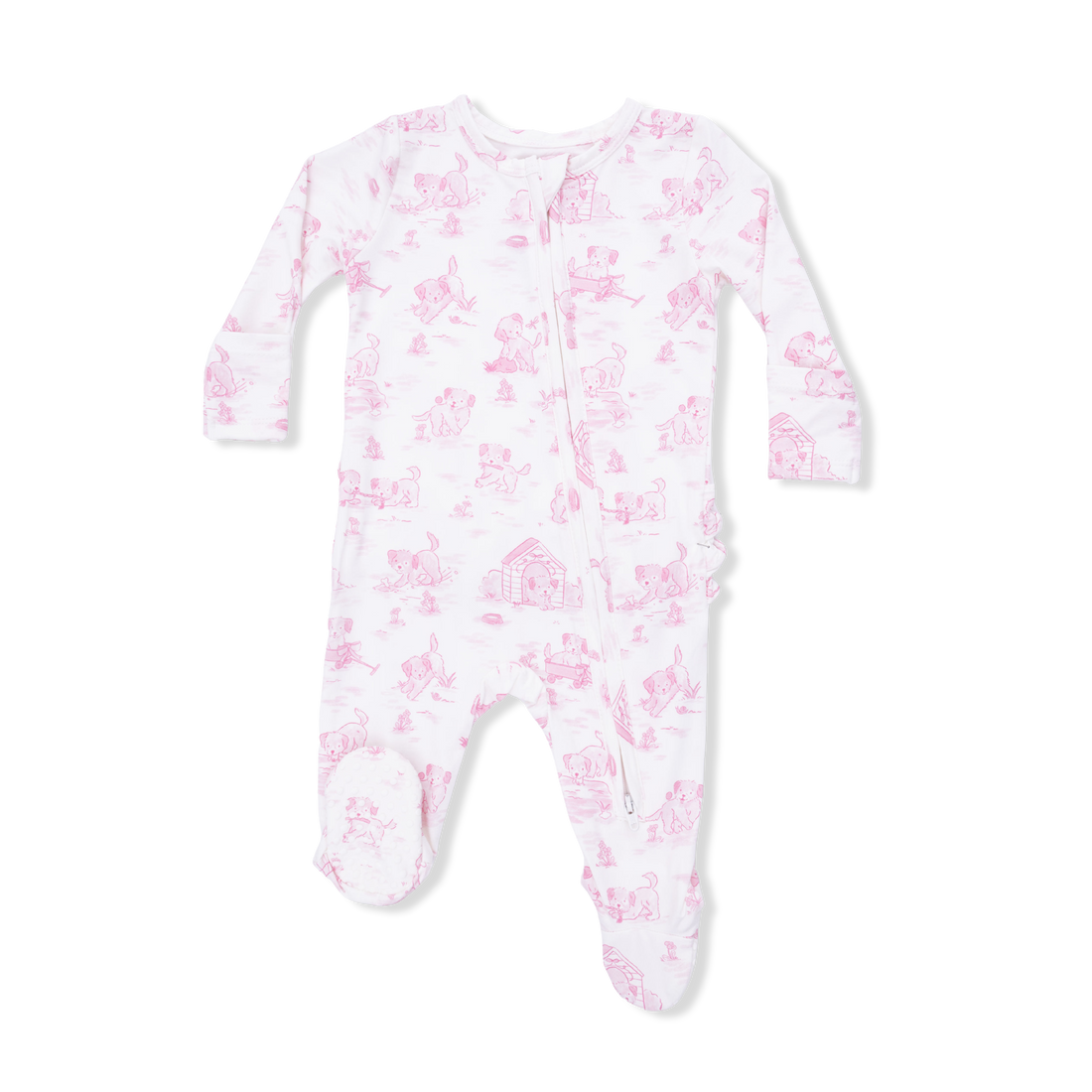 2 Way Ruffle Back Zipper Footie - Puppy Toile Pink