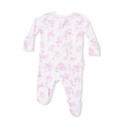 2 Way Ruffle Back Zipper Footie - Puppy Toile Pink