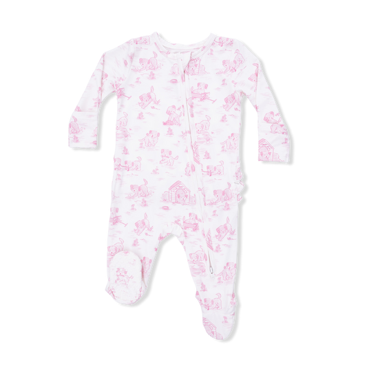 2 Way Ruffle Back Zipper Footie - Puppy Toile Pink