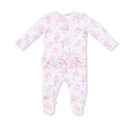 2 Way Ruffle Back Zipper Footie - Puppy Toile Pink