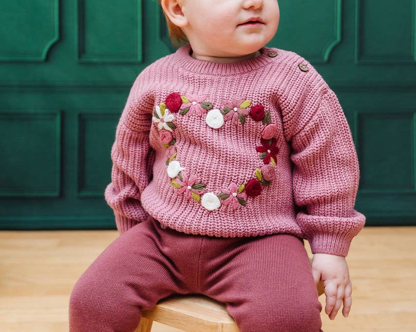 French Rose Heart Embroidered Slouchy Baby Sweater Cardigan