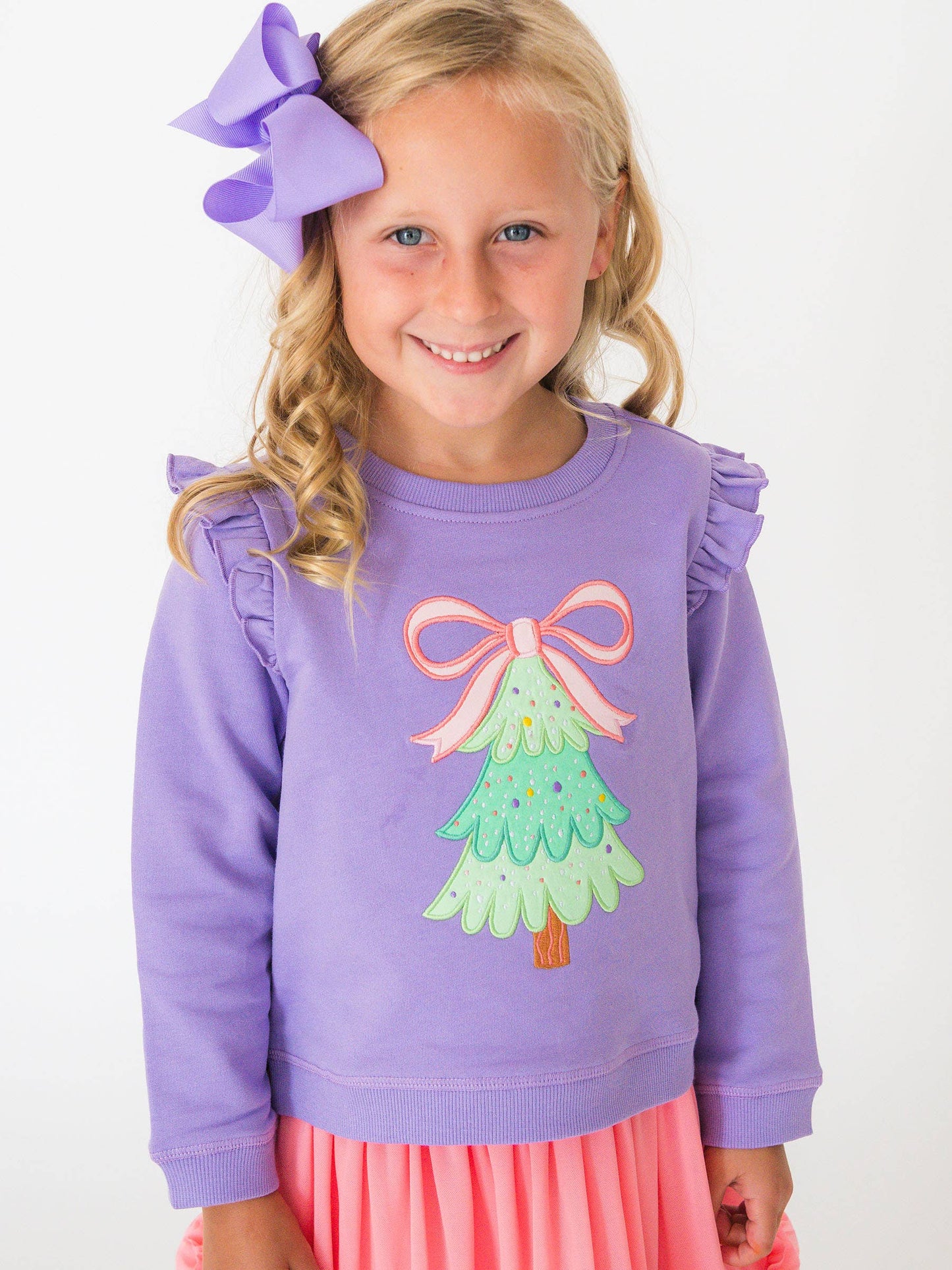 Girls Purple Twinkling Tree Bow Applique Flutter Sweatshirt