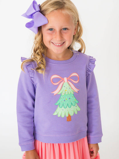 Girls Purple Twinkling Tree Bow Applique Flutter Sweatshirt