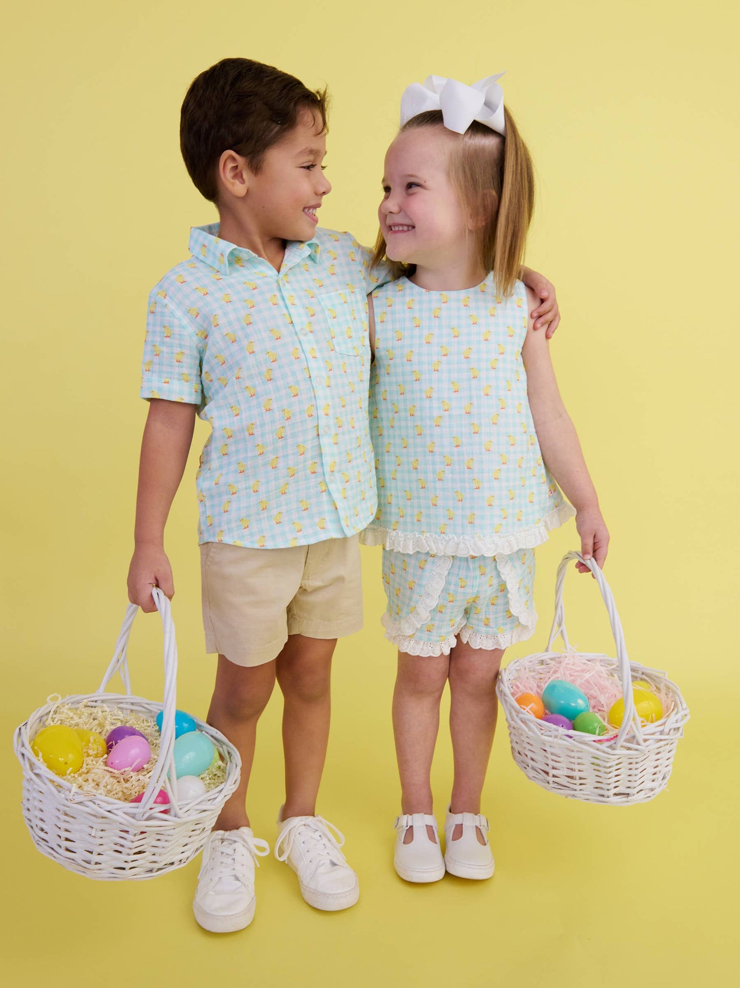 Baby Boys Chirping Chicks Gingham Cotton Gauze Button-Up Romper