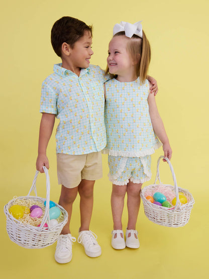 Baby Boys Chirping Chicks Gingham Cotton Gauze Button-Up Romper