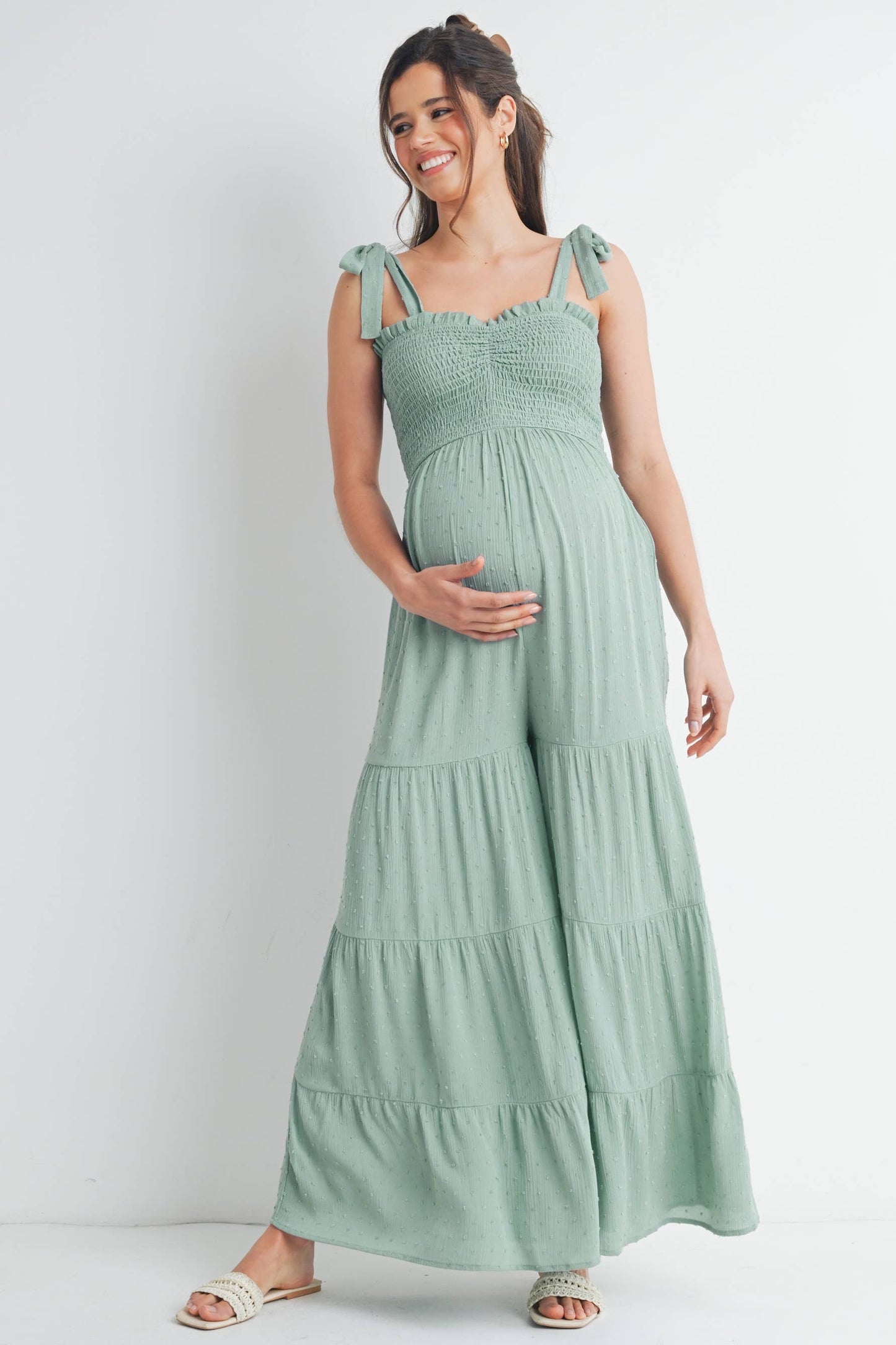 Tie-Strap Smocked Maternity Wide Leg Jumpsuit