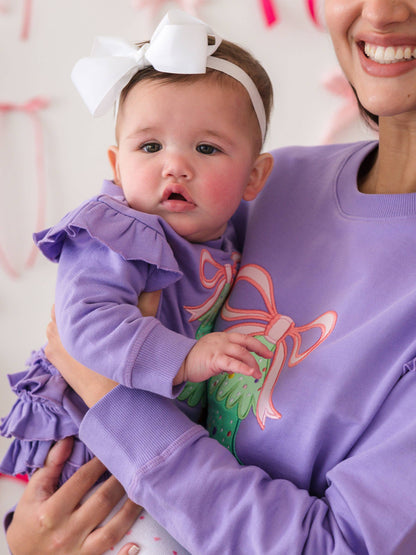 Baby Girls Purple Twinkling Tree Bow Applique Sweatshirt Bubble Romper