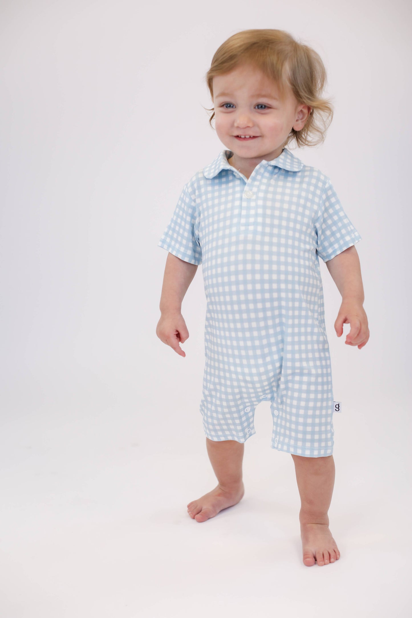 Baby Blue Gingham- Short Sleeve Polo Romper
