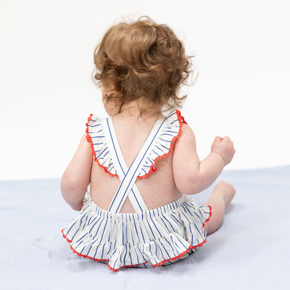Ric Rac Ruffle Sunsuit - Baseball Stripe