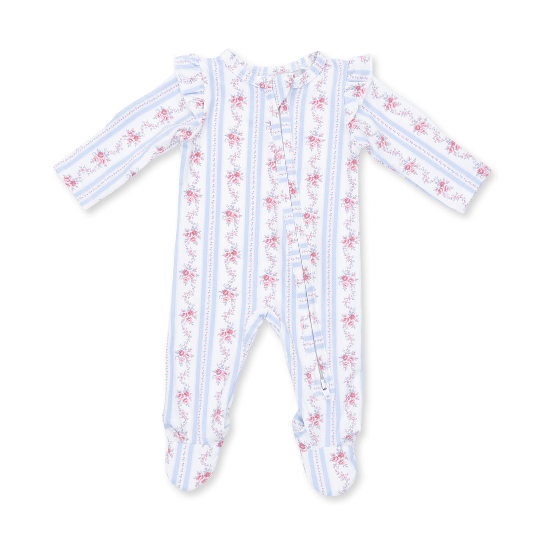Anna Floral Stripe - Ruffle Sleeve Zipper Footie