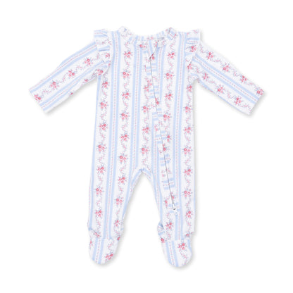 Anna Floral Stripe - Ruffle Sleeve Zipper Footie
