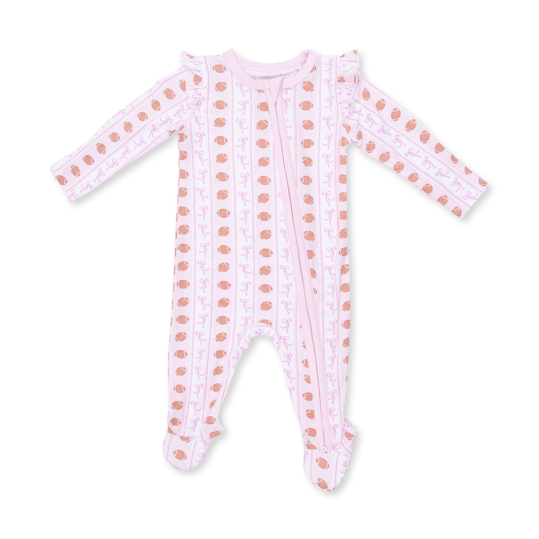 Football Bow Stripe - Ruffle Sleeve Zipper Footie
