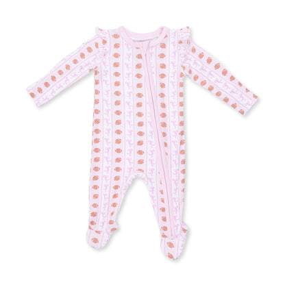 Football Bow Stripe - Ruffle Sleeve Zipper Footie