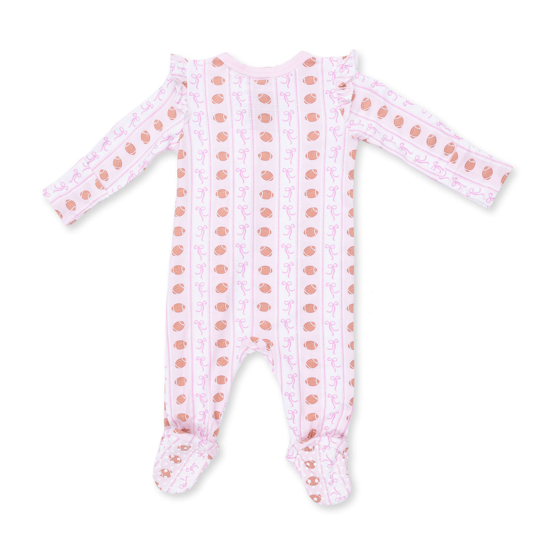 Football Bow Stripe - Ruffle Sleeve Zipper Footie