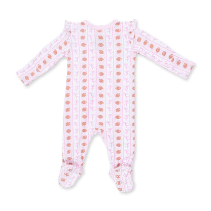 Football Bow Stripe - Ruffle Sleeve Zipper Footie