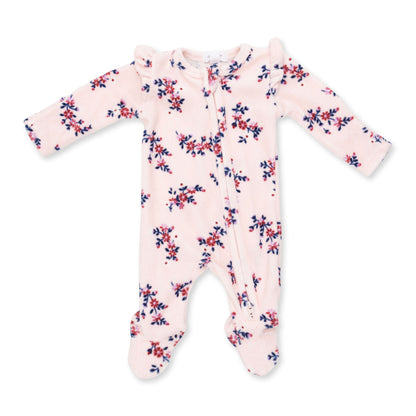 Nora Floral Velour - Ruffle Sleeve Zipper Footie