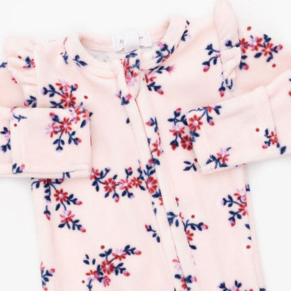 Nora Floral Velour - Ruffle Sleeve Zipper Footie