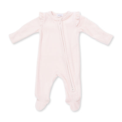 Velour Soft Pink - Ruffle Sleeve Zipper Footie