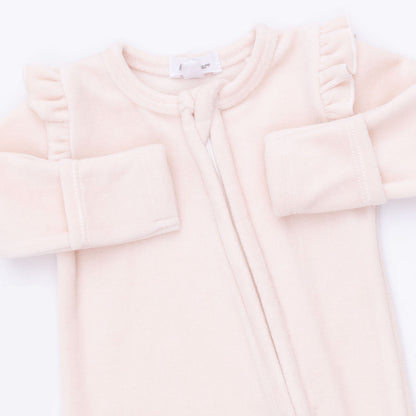 Velour Soft Pink - Ruffle Sleeve Zipper Footie