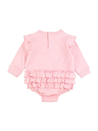Baby Girls Pink Sweatshirt Bubble Romper with Signature Rear Ruffles