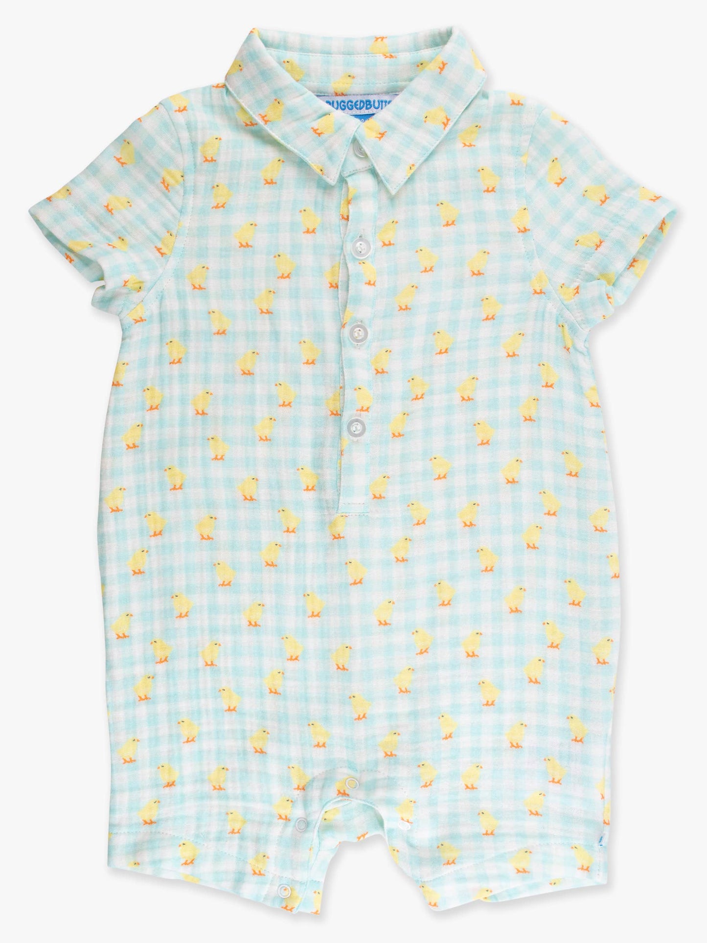 Baby Boys Chirping Chicks Gingham Cotton Gauze Button-Up Romper