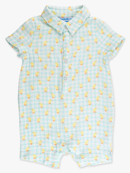 Baby Boys Chirping Chicks Gingham Cotton Gauze Button-Up Romper