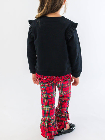 Girls Nicholas Plaid Bow Black Applique Flutter Sweatshirt