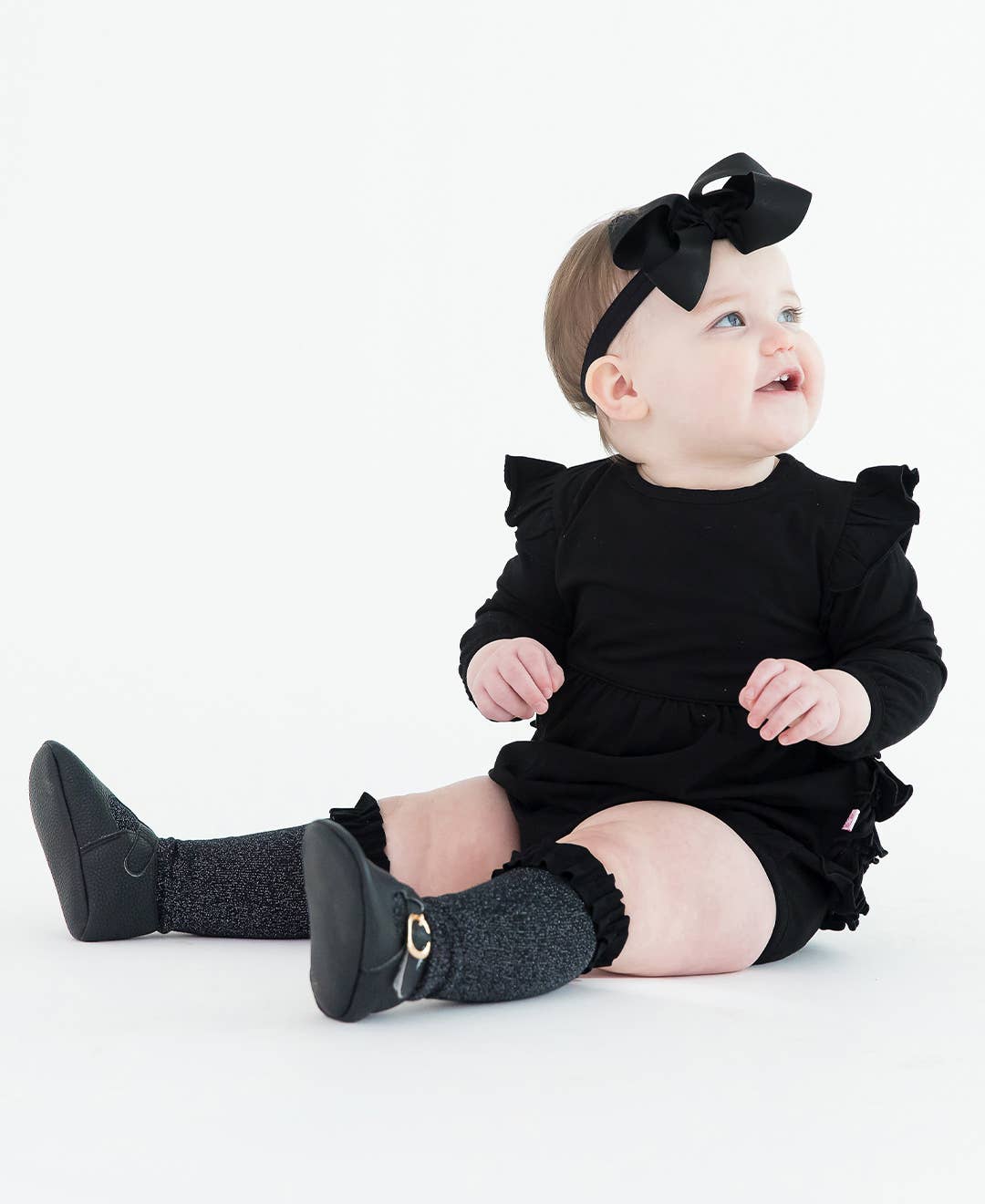 Baby Girls Black Knit Long Sleeve Flutter Bubble Romper