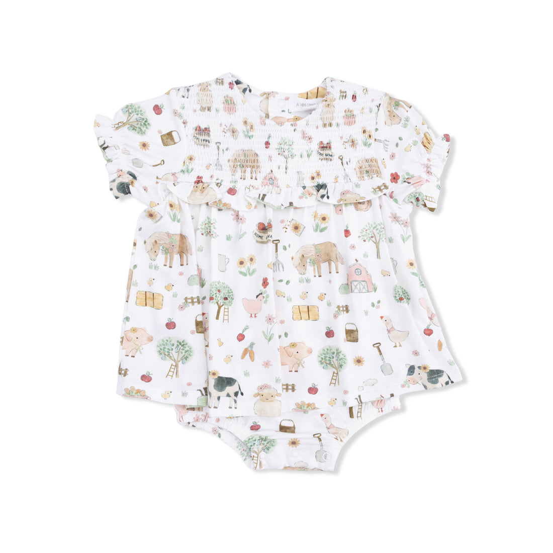 Smocked Ruffle Bubble with Skirt - Cute Farm Animals Pink