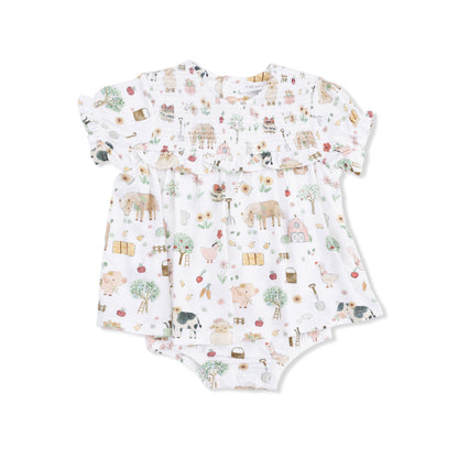 Smocked Ruffle Bubble with Skirt - Cute Farm Animals Pink