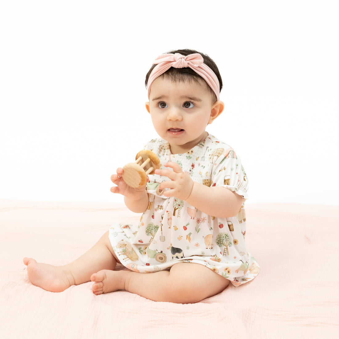 Smocked Ruffle Bubble with Skirt - Cute Farm Animals Pink