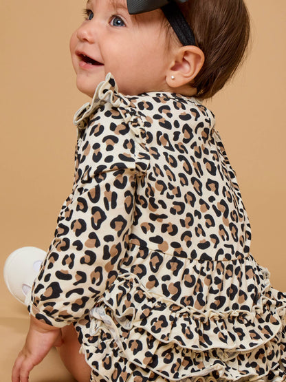 Baby Girls Classic Leopard Knit Long Sleeve Flutter Bubble Romper